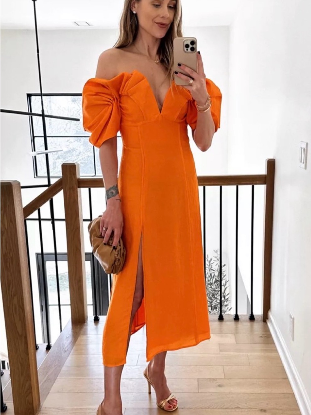Cult Gaia - “Muna” Off-Shoulder Midi Dress in Papaya - Size 6